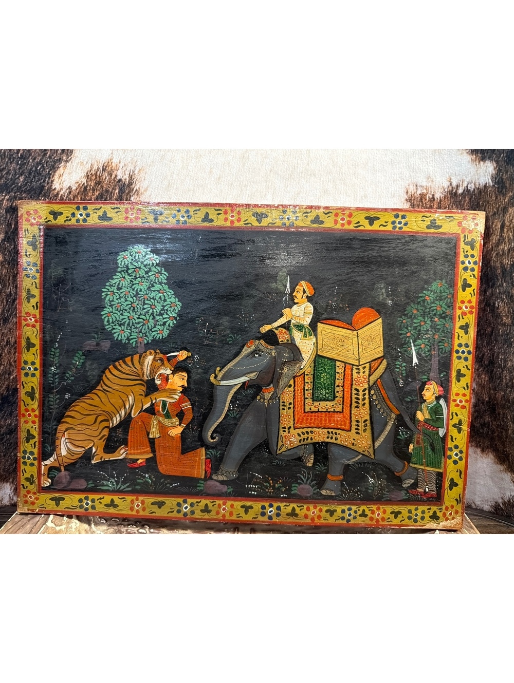 Vintage Hand-Painted Indian Folk Art Panel with Elephant and Tiger Scene